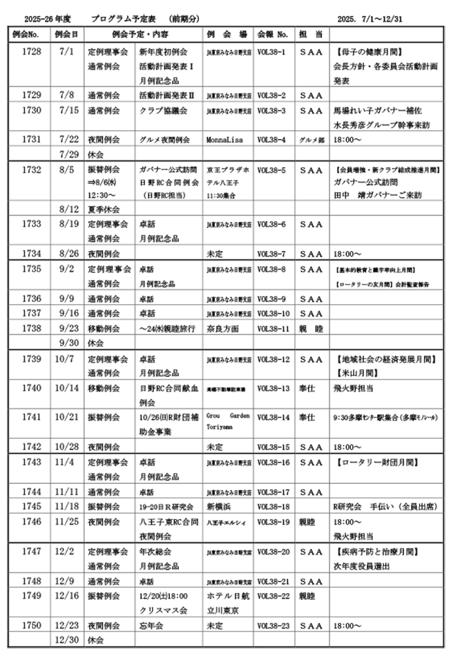 2025～2026年度　プログラム予定表（前期分）